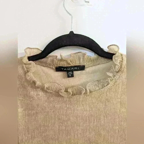 Tahari Sleeveless Gold Metallic Ruffle Neck Shift Dress Size Small - Picture 5 of 6